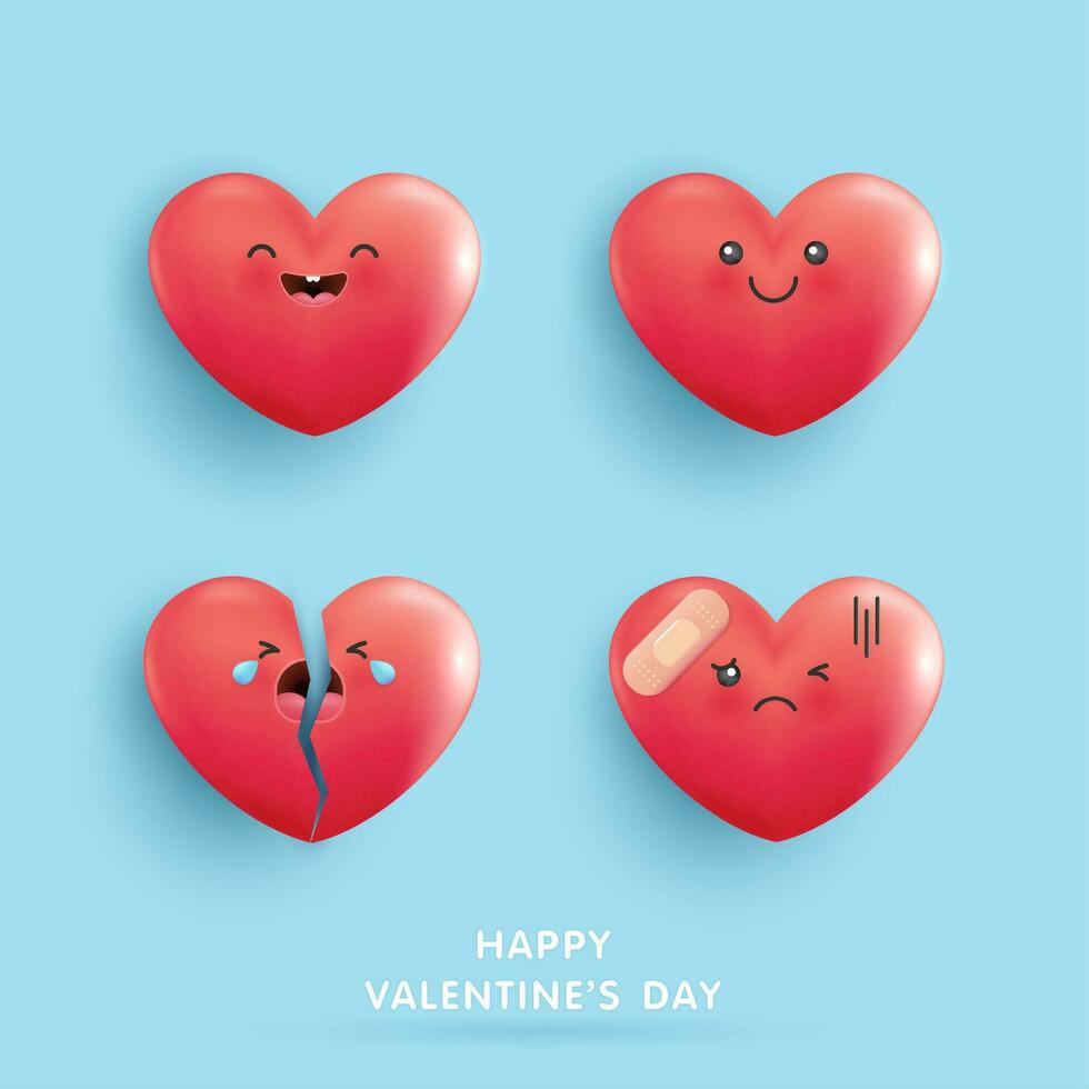 Happy Valentine's Day, set icon heart symbol love. cute hearts red cartoon on blue background. emotional face of heart-shaped cartoon. happy, sad, crying, hurt. vector illustration design.
