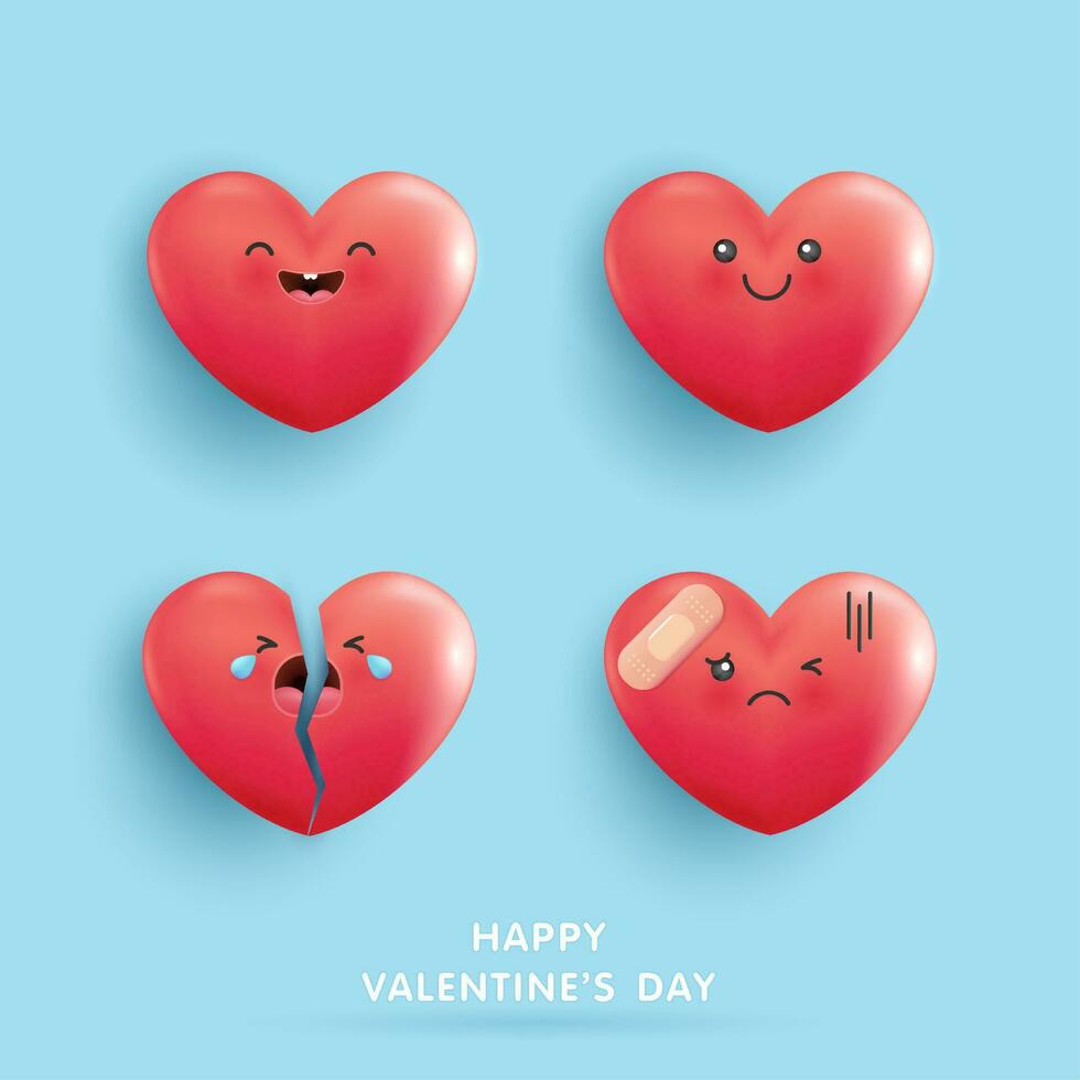 contento San Valentín día, conjunto icono corazón símbolo amor. linda corazones rojo dibujos animados en azul antecedentes. emocional cara de en forma de corazon dibujos animados. feliz, triste, llanto, herir. vector ilustración diseño.