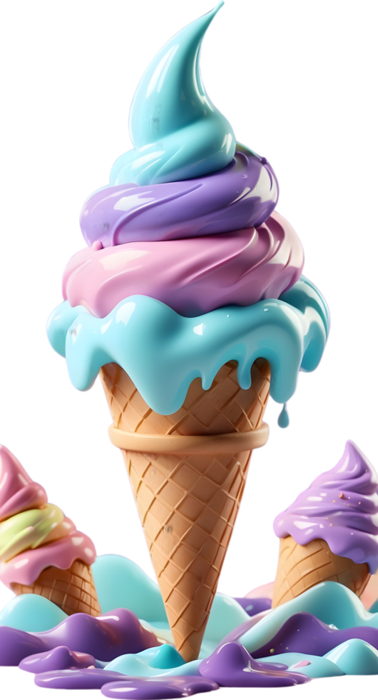 AI generated ice cream melting in a cone with colorful swirls png