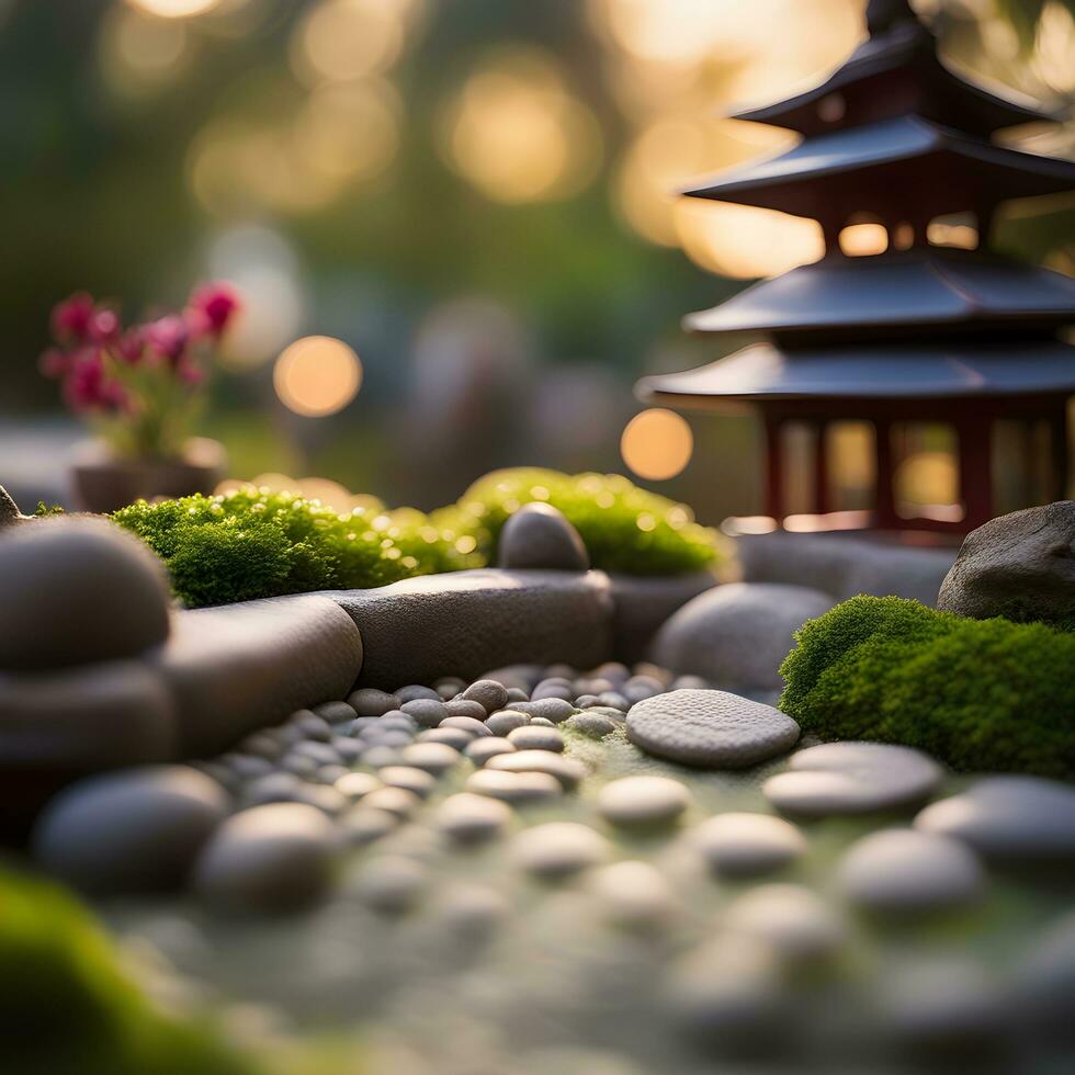 AI generated a miniature garden with rocks and a pagoda photo