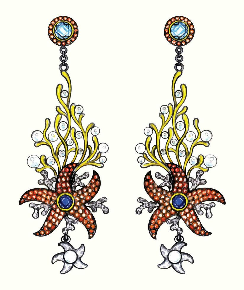 Jewelry design art starfish earrings design by hand drawing on paper. vector
