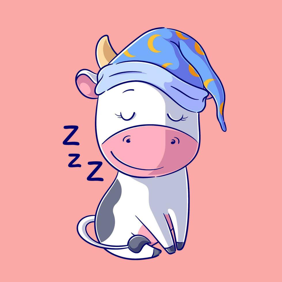 Cute cow wearing sleeping cap vector