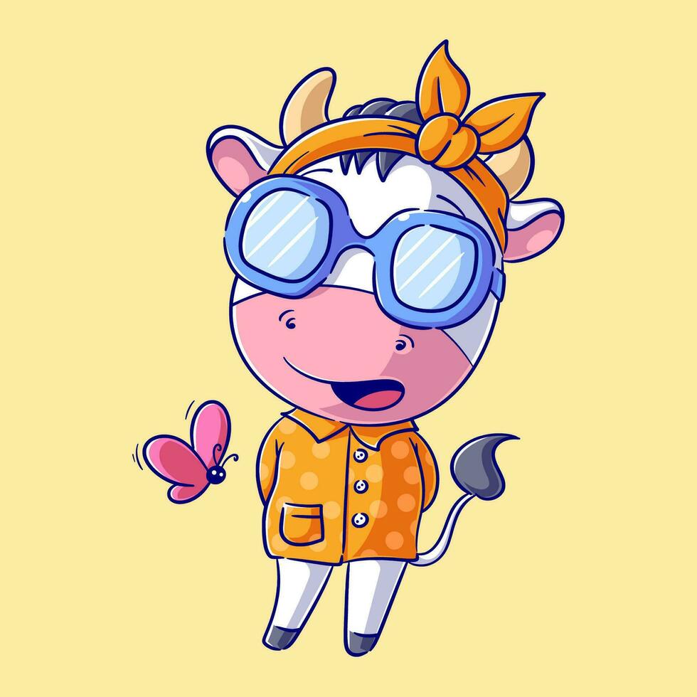 Cute cow wearing a glasses vector