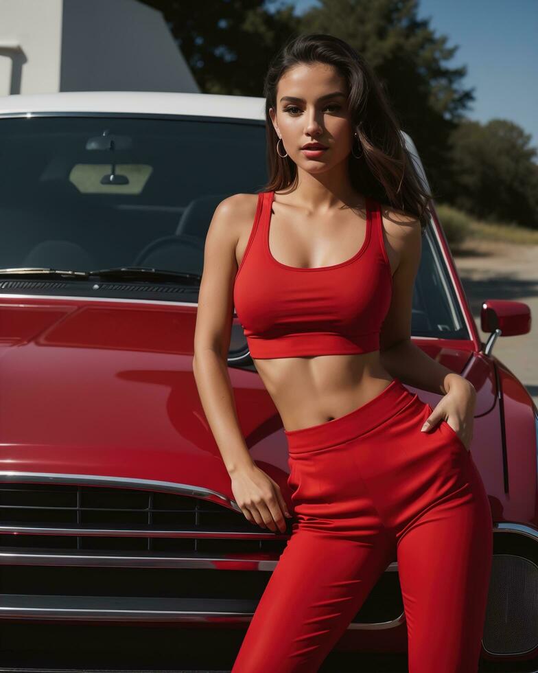 ai generado hermosa joven morena mujer en un rojo Deportes parte superior y polainas posando ai generativo foto