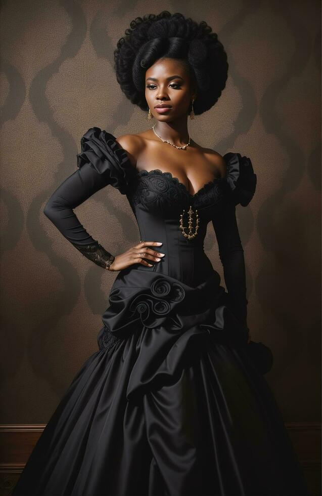AI generated Beautiful african american woman wearing black dress and jewellery. ai generative. ai generative photo
