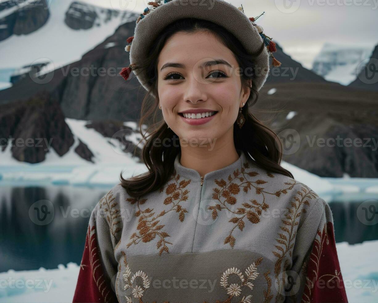 AI generated Portrait of a young woman smiling at camera in front of icebergs. ai generative photo