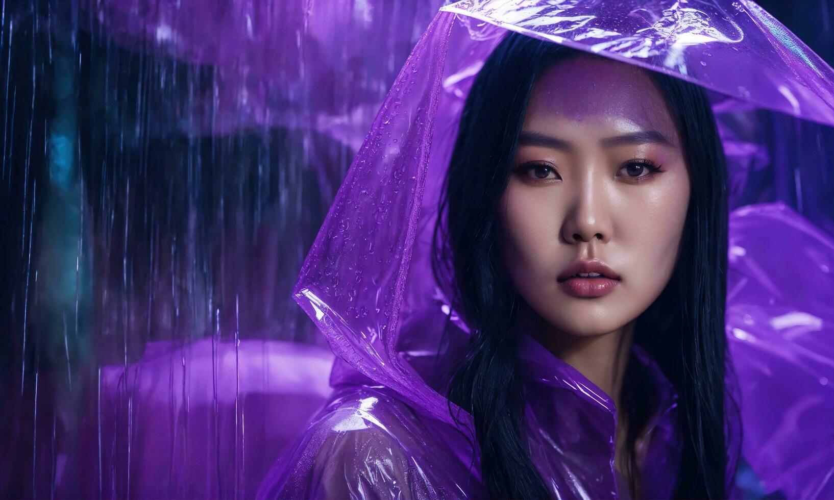 AI generated beautiful asian woman in purple raincoat walking in the city. ai generative photo