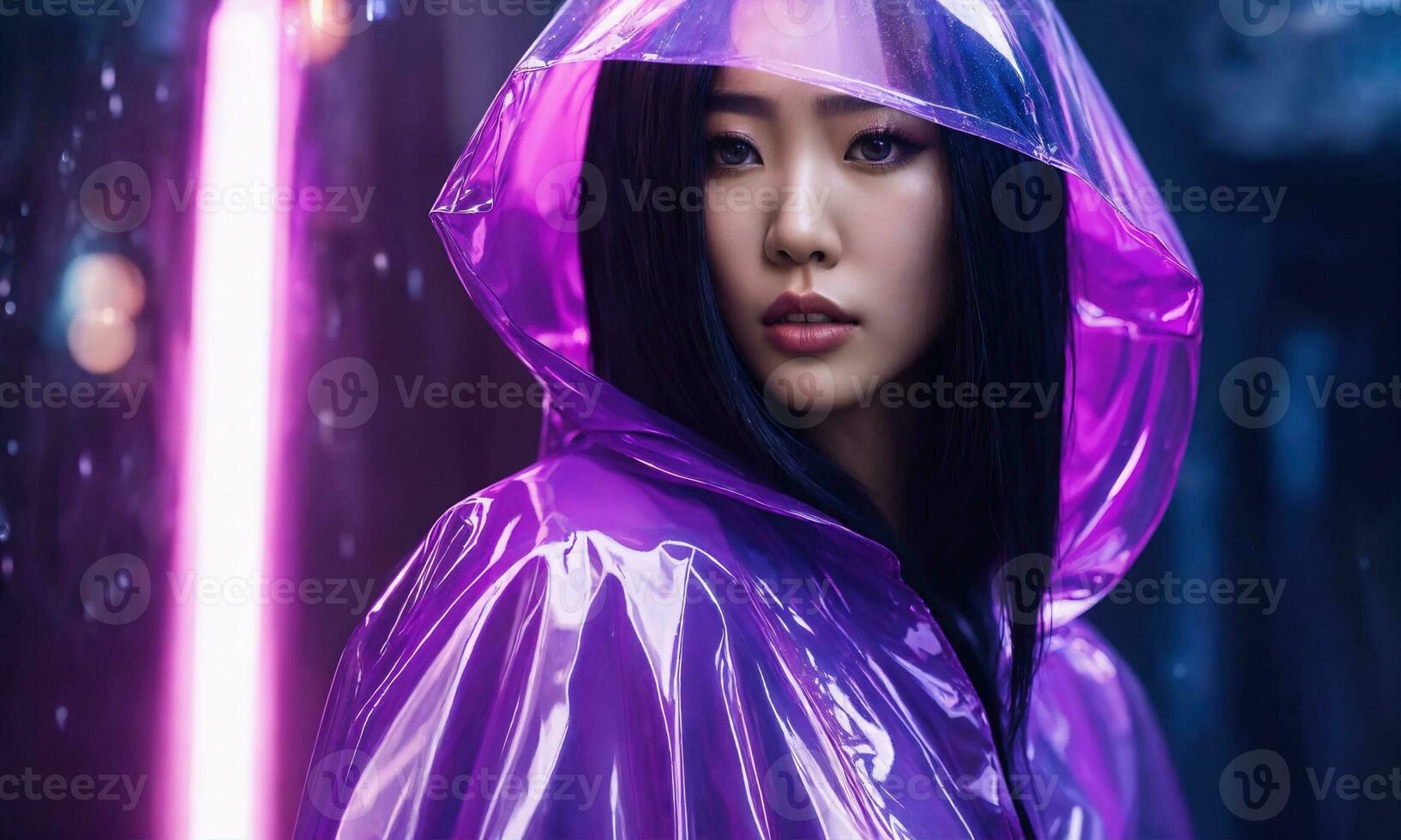 AI generated beautiful asian woman in purple raincoat walking in the city. ai generative photo