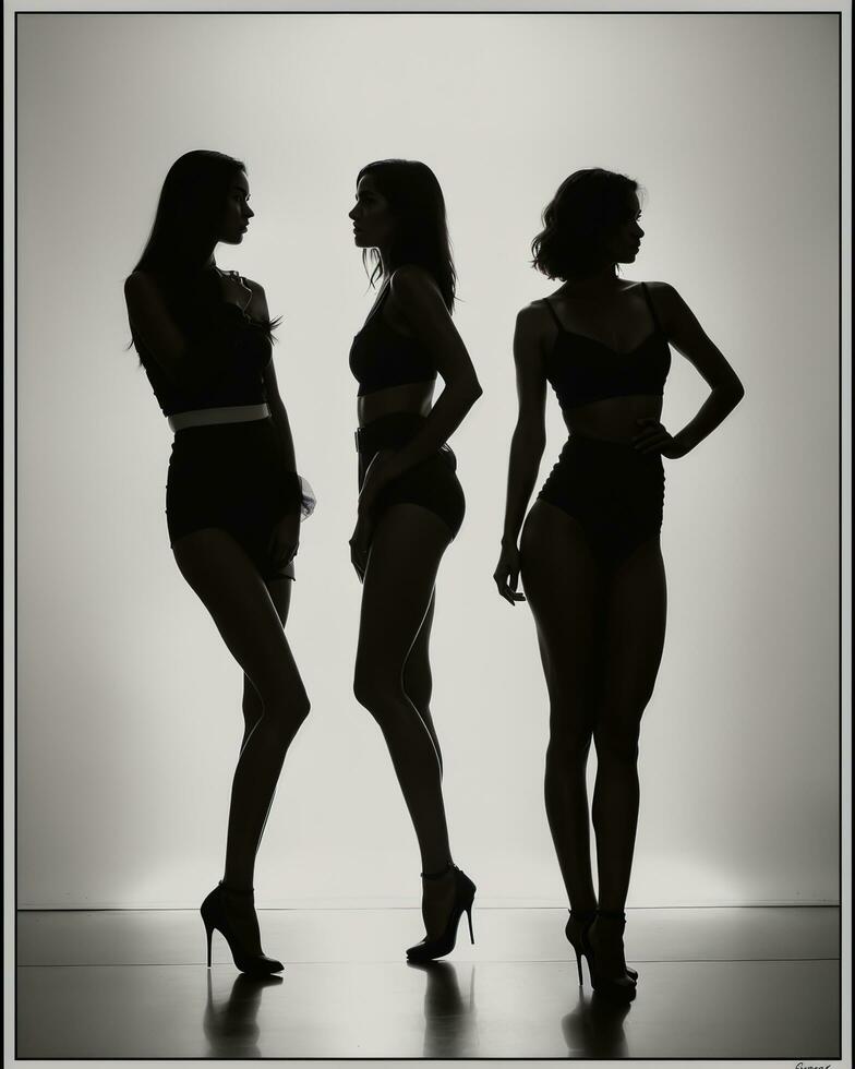 AI generated Silhouette of three women in black and white dresses, studio shot. ai generative photo