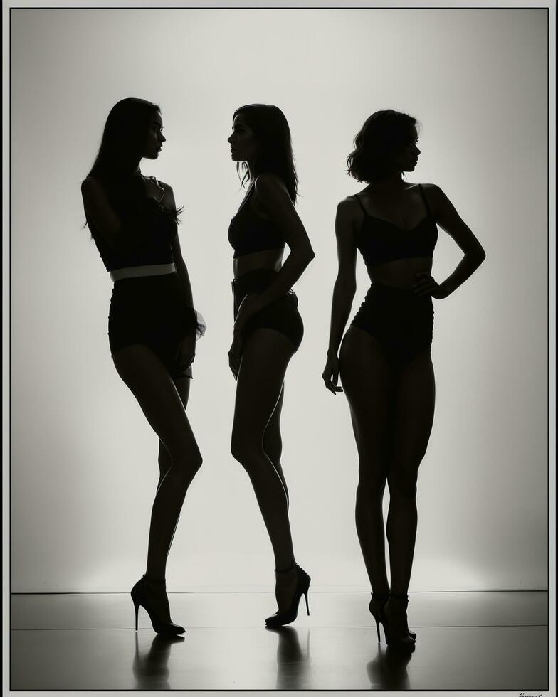 AI generated Silhouette of three women in black and white dresses, studio shot. ai generative photo