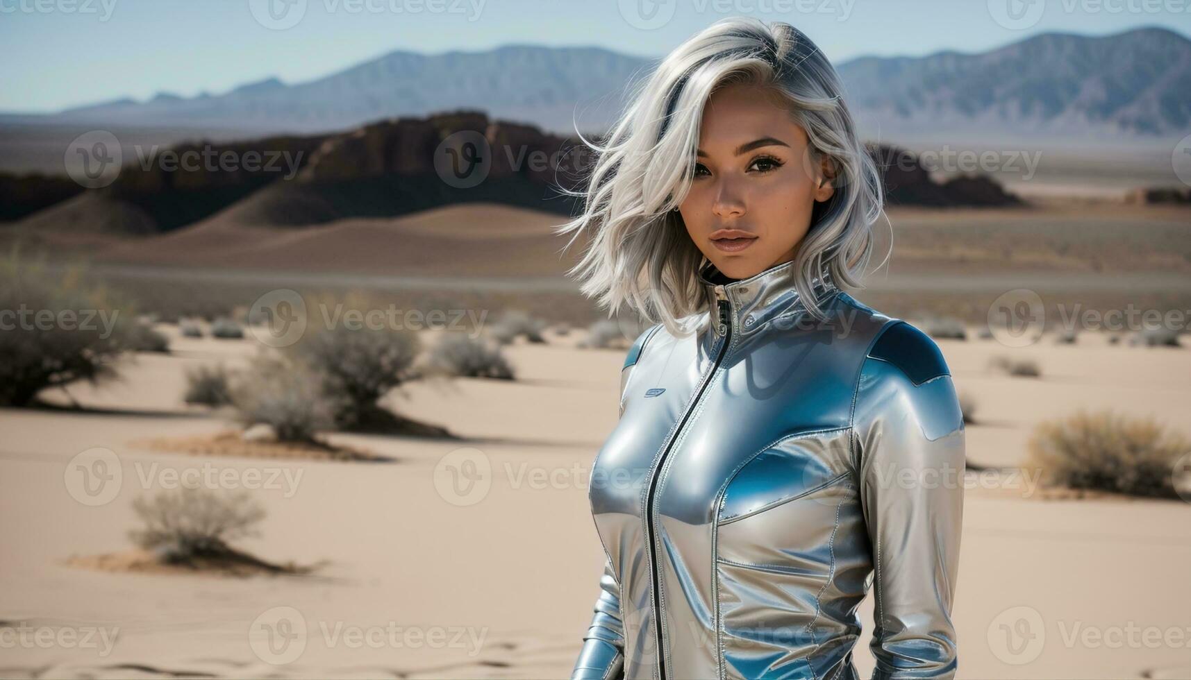 AI generated blonde woman in silver latex costume posing in the desert. ai generative photo