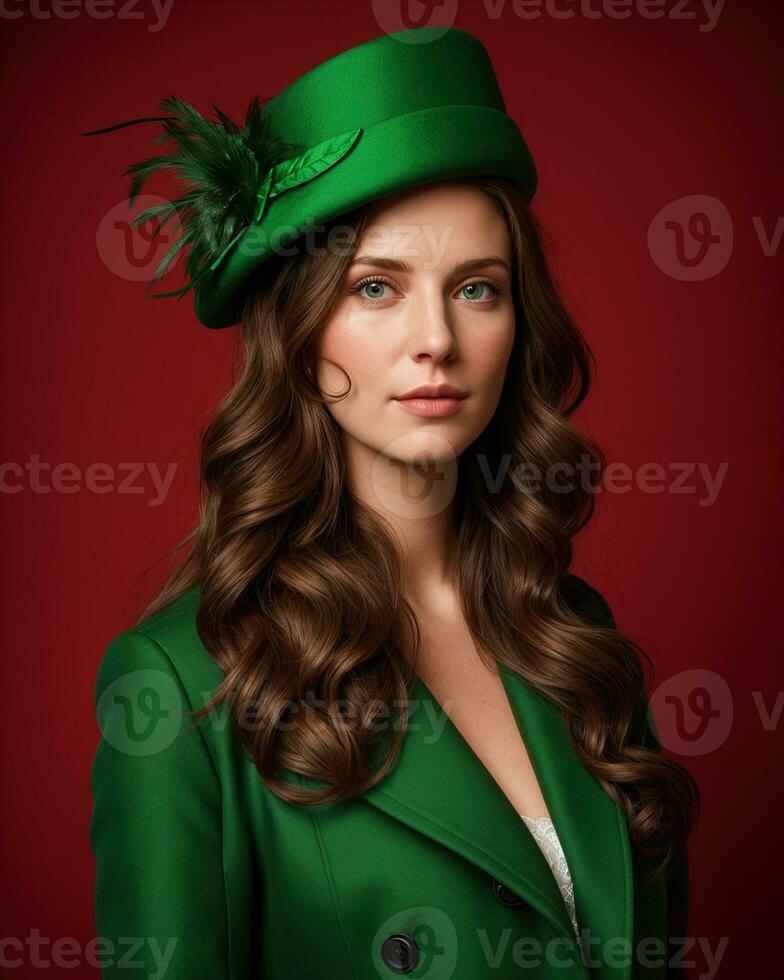 AI generated Portrait of a beautiful young woman in green coat and red hat. ai generative. ai generative photo