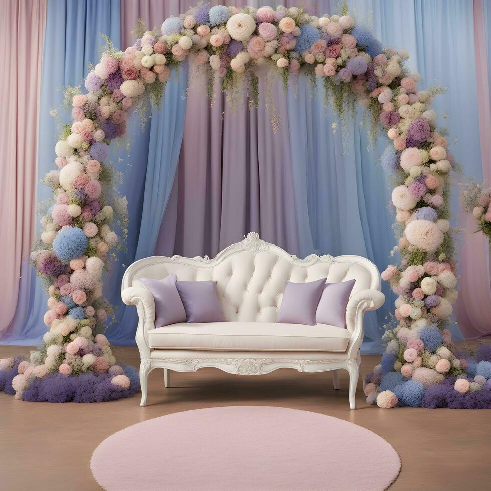 ai generado un blanco sofá con un floral arco y azul cortinas foto