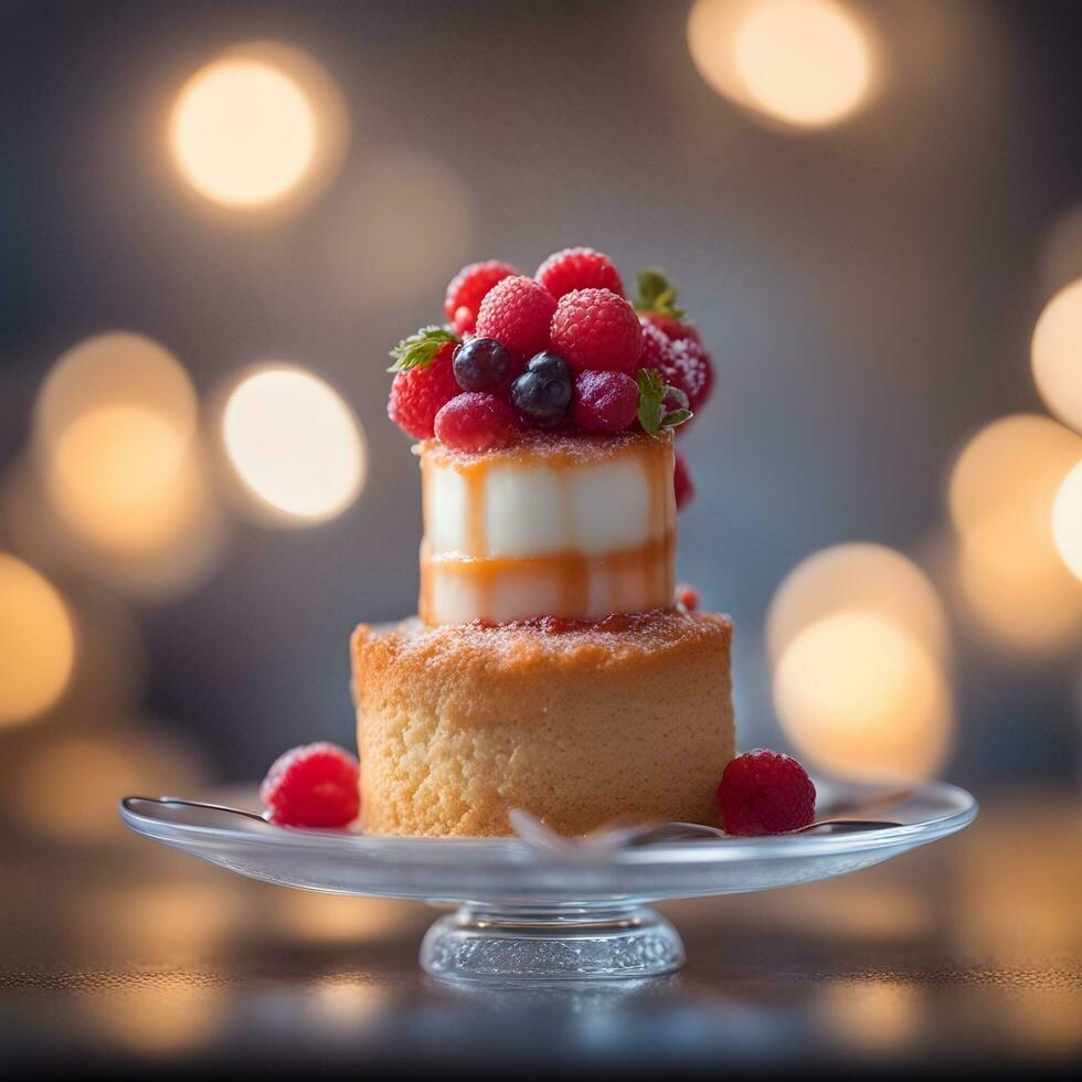 AI generated a dessert on a plate with berries and a candle photo