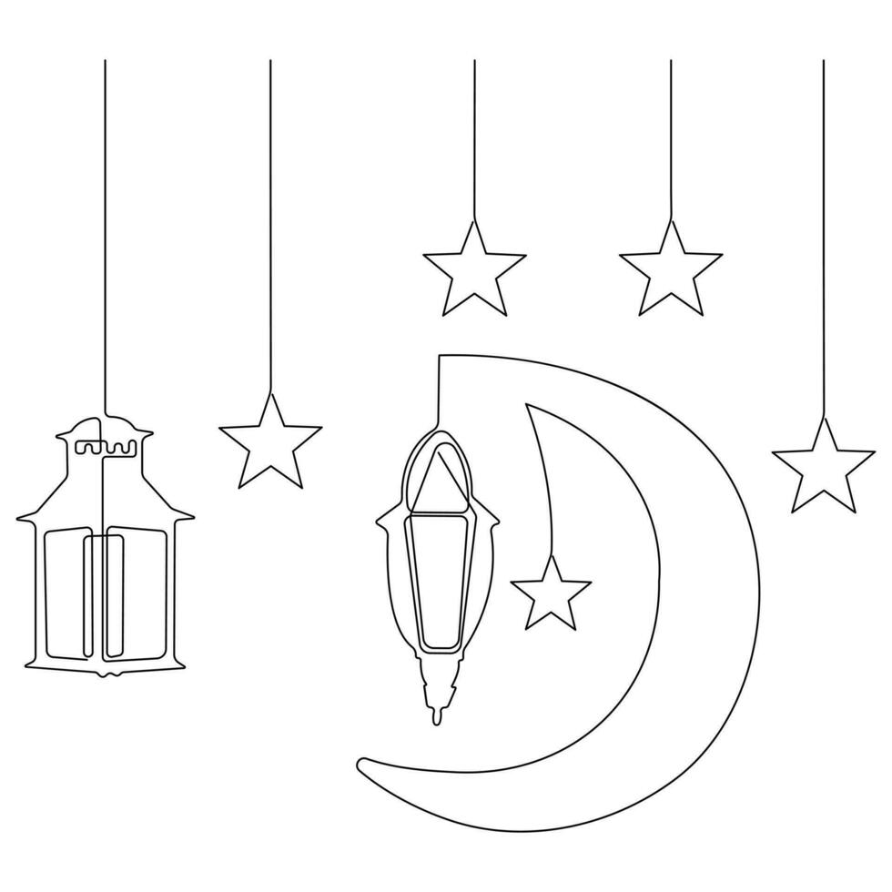 Continuous one line art drawing of ramadan kareem with lantern and star, moon outline art vector