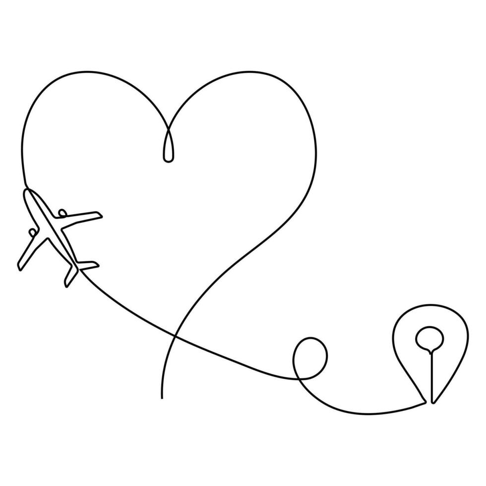 Continuous single line drawing love airplane route romantic vacation travel hearted plane path, simple outline vector illustration