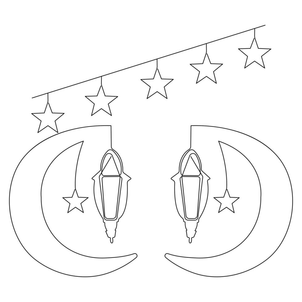 Continuous one line art drawing of ramadan kareem with lantern and star, moon outline art vector