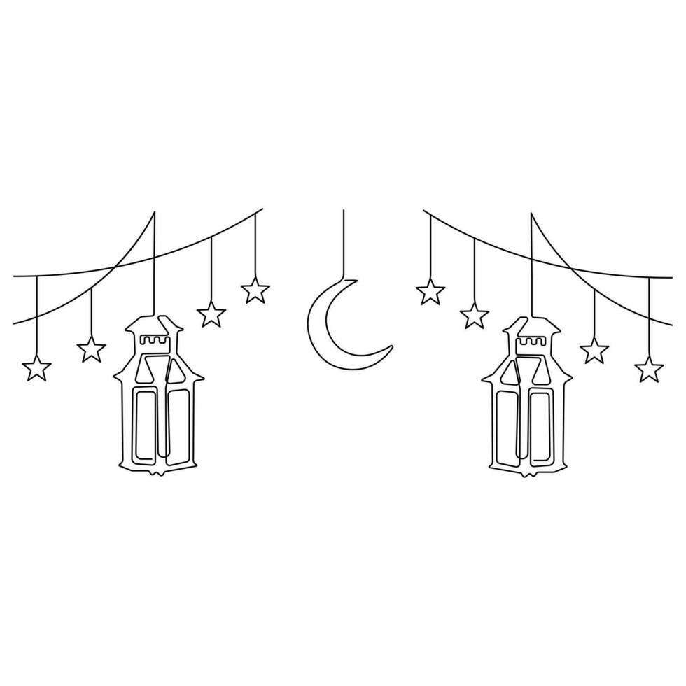 Continuous one line art drawing of ramadan kareem with lantern and star, moon outline art vector