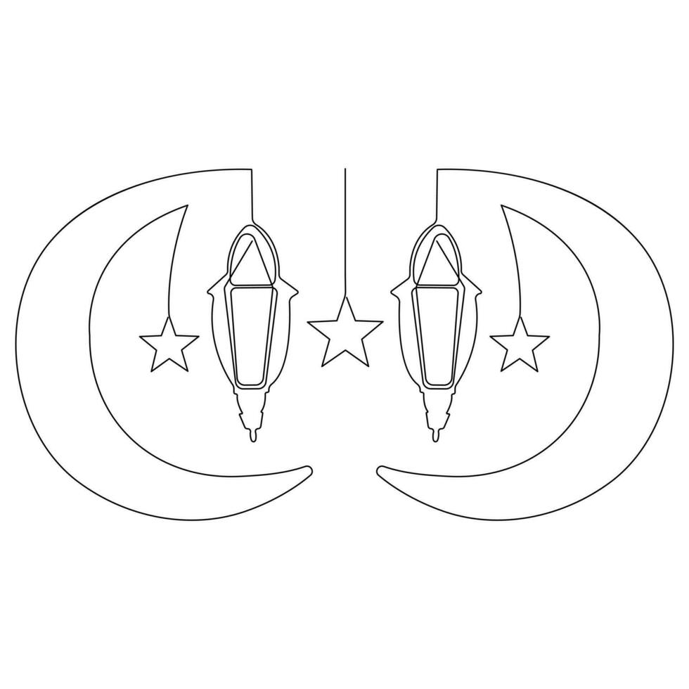 Continuous one line art drawing of ramadan kareem with lantern and star, moon outline art vector