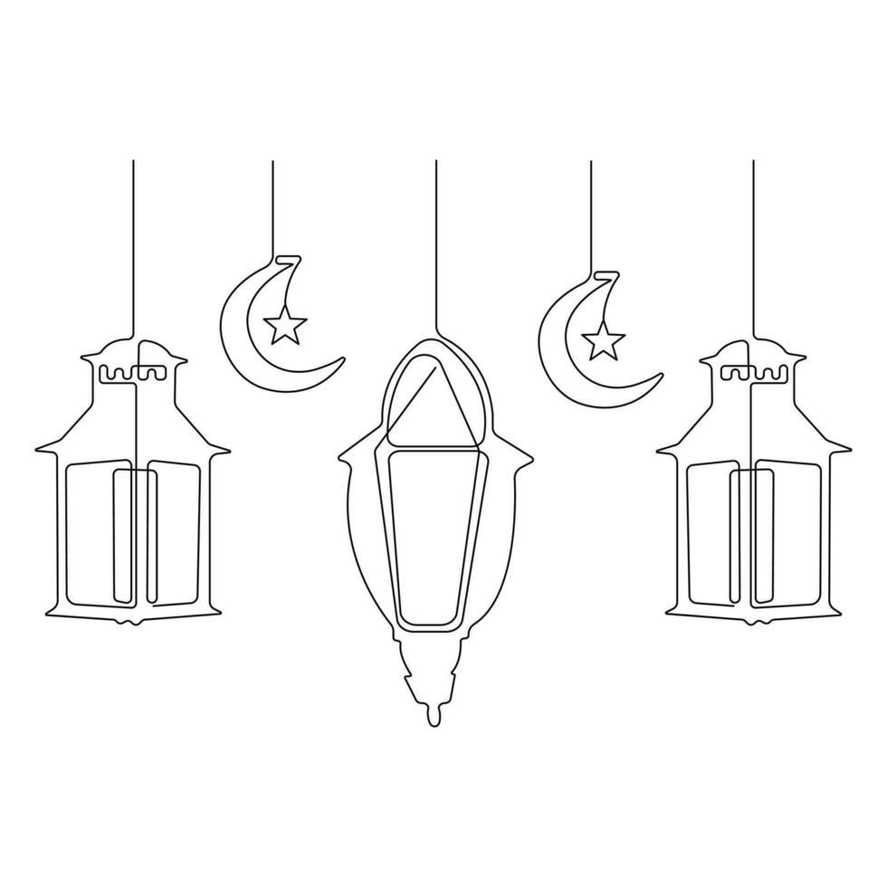 Continuous one line art drawing of ramadan kareem with lantern and star, moon outline art vector