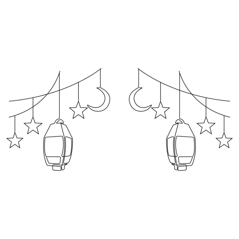 Continuous one line art drawing of ramadan kareem with lantern and star, moon outline art vector
