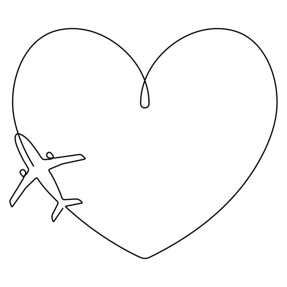 Continuous single line drawing love airplane route romantic vacation travel hearted plane path, simple outline vector illustration