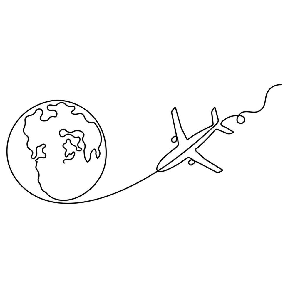 Continuous single line drawing love airplane route romantic vacation travel hearted plane path, simple outline vector illustration