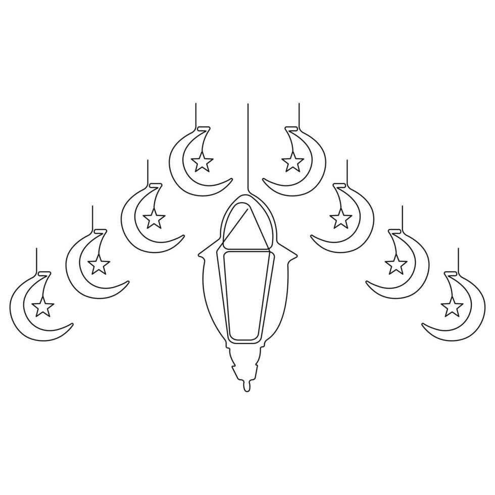 Continuous one line art drawing of ramadan kareem with lantern and star, moon outline art vector