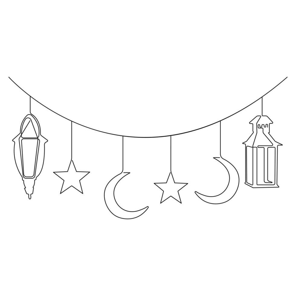 Continuous one line art drawing of ramadan kareem with lantern and star, moon outline art vector