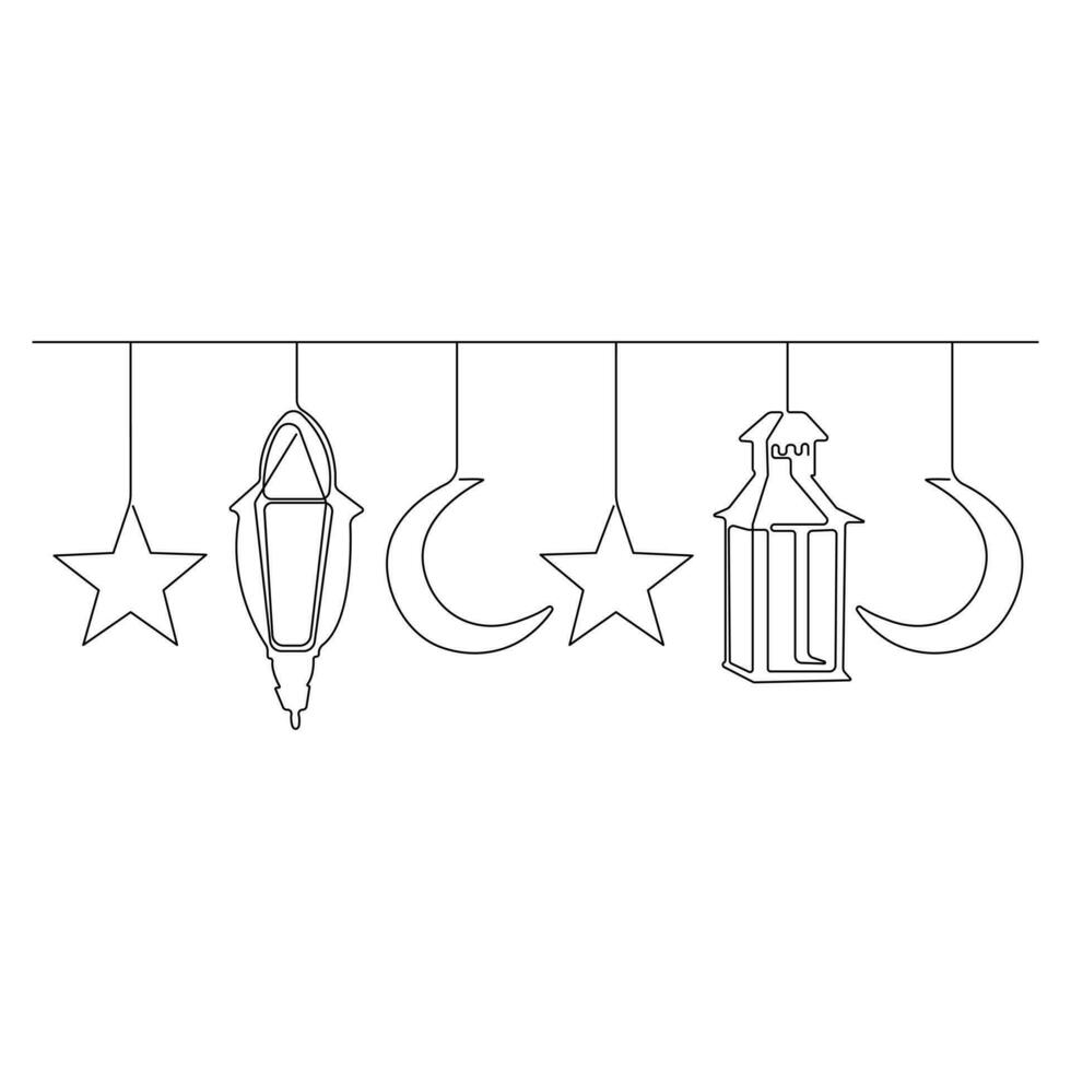 Continuous one line art drawing of ramadan kareem with lantern and star, moon outline art vector