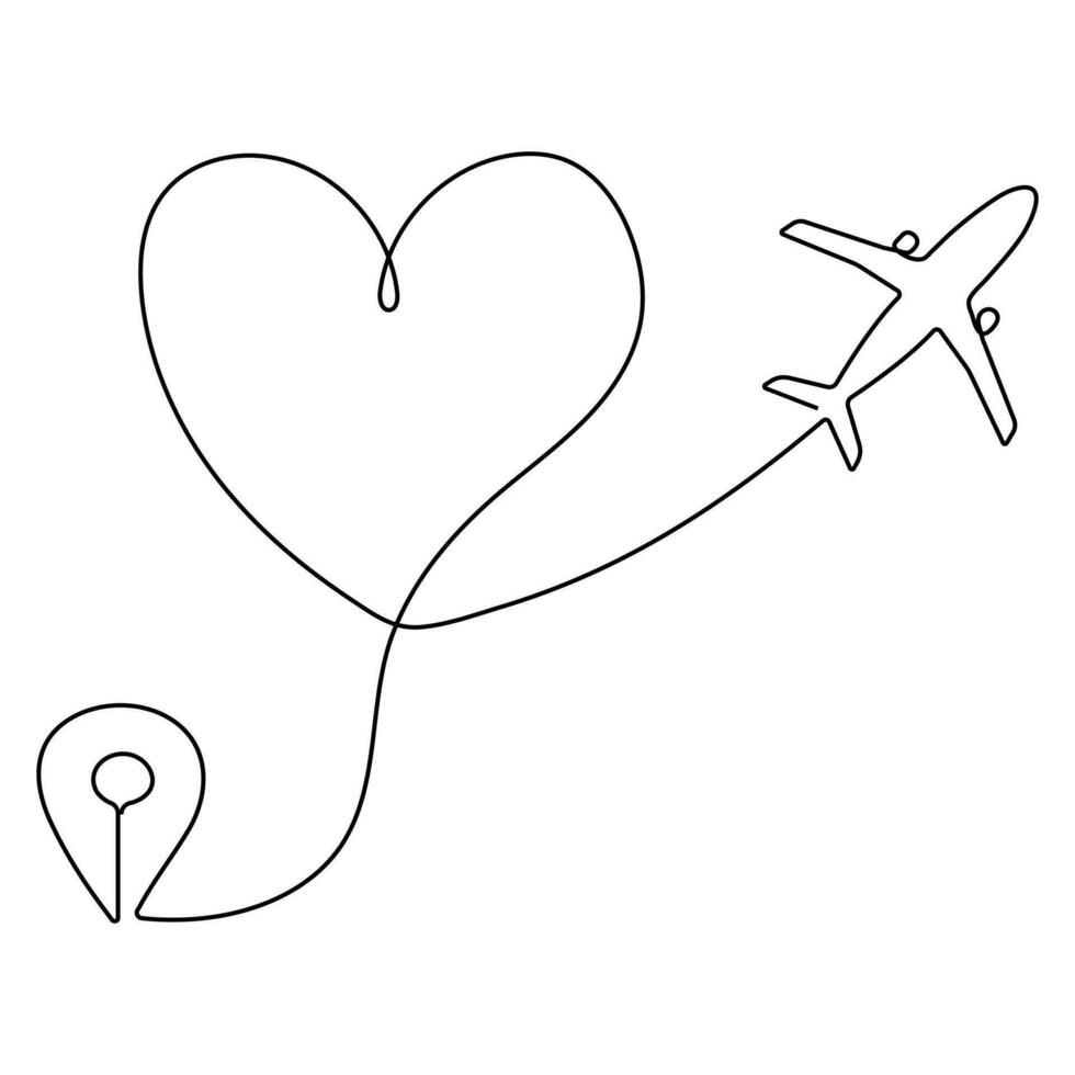 Continuous single line drawing love airplane route romantic vacation travel hearted plane path, simple outline vector illustration