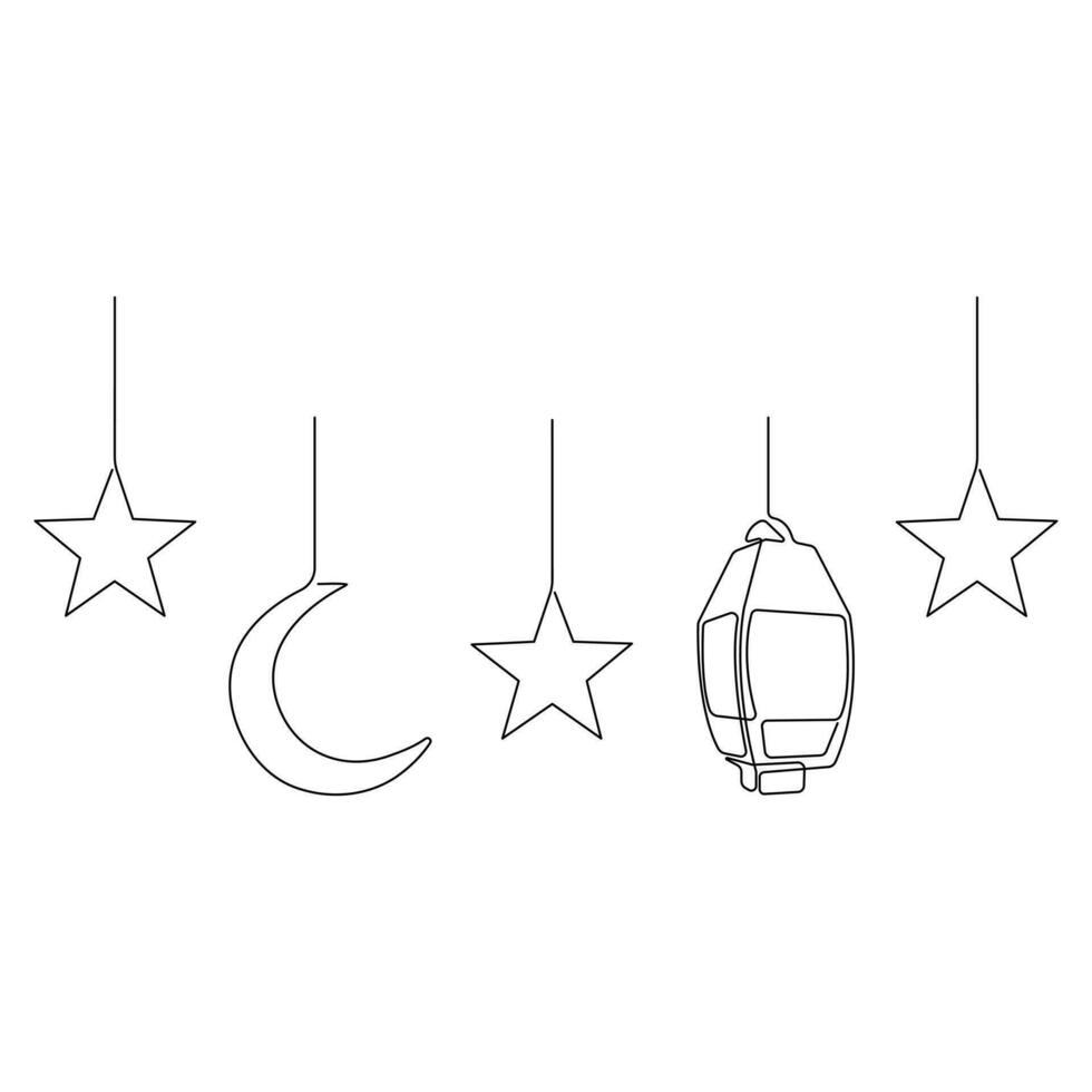 Continuous one line art drawing of ramadan kareem with lantern and star, moon outline art vector