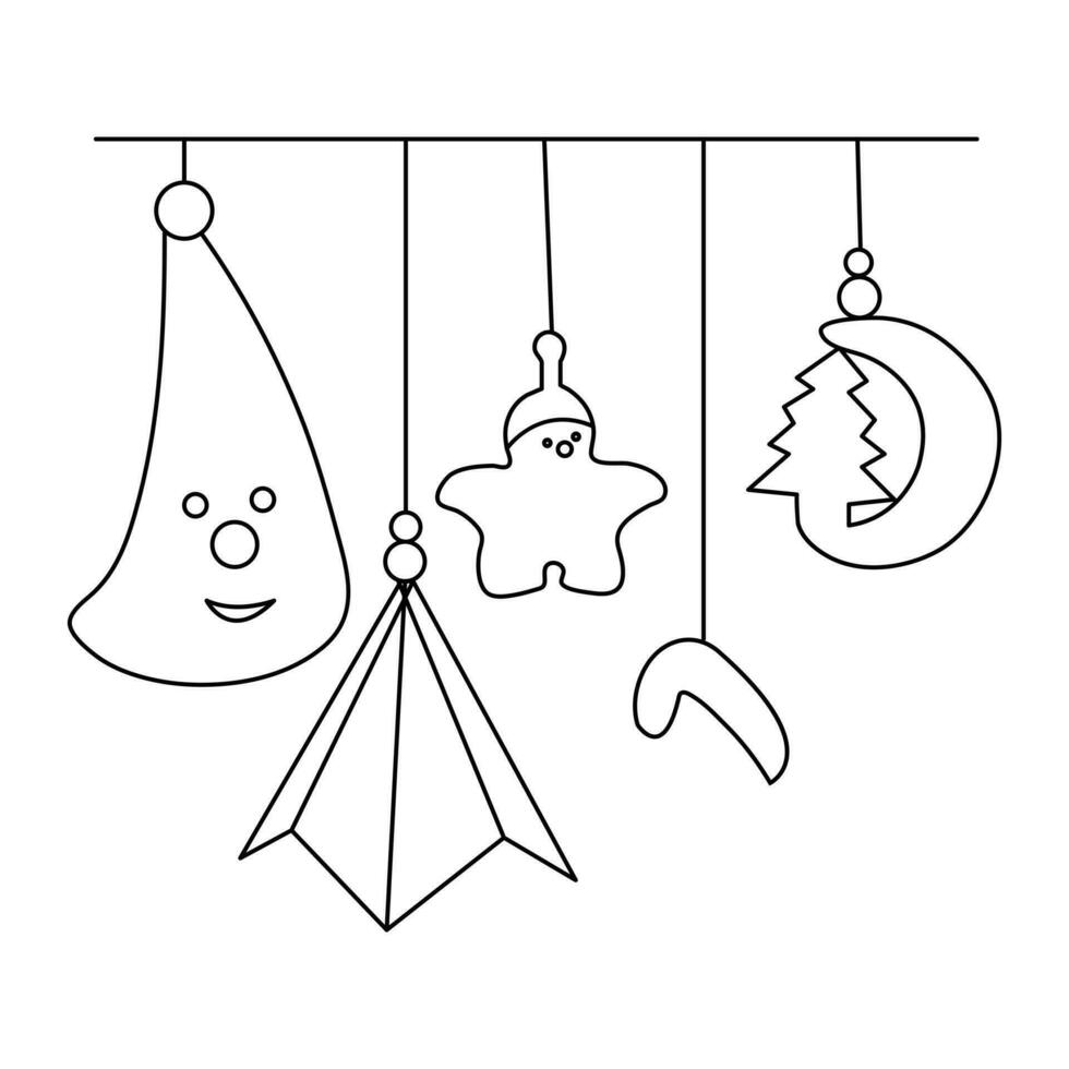Continuous line art hanging christmas gift box star love hat bell and sock decoration vector
