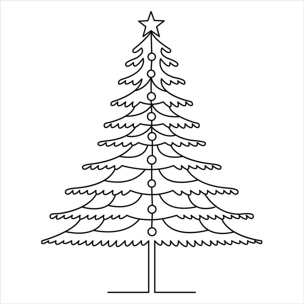 Continuous one line cute christmas tree and star hand drawn outline vector doodle minimalist design