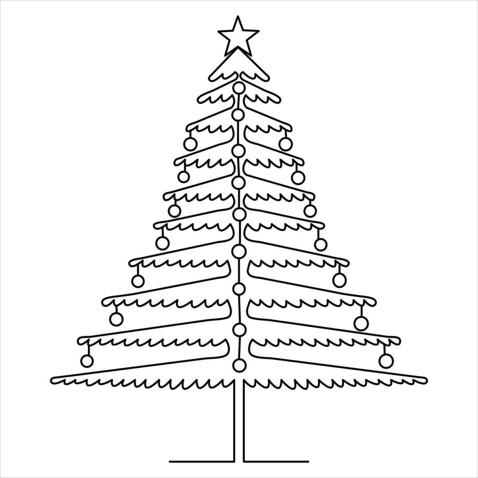 Continuous one line cute christmas tree and star hand drawn outline vector doodle minimalist design