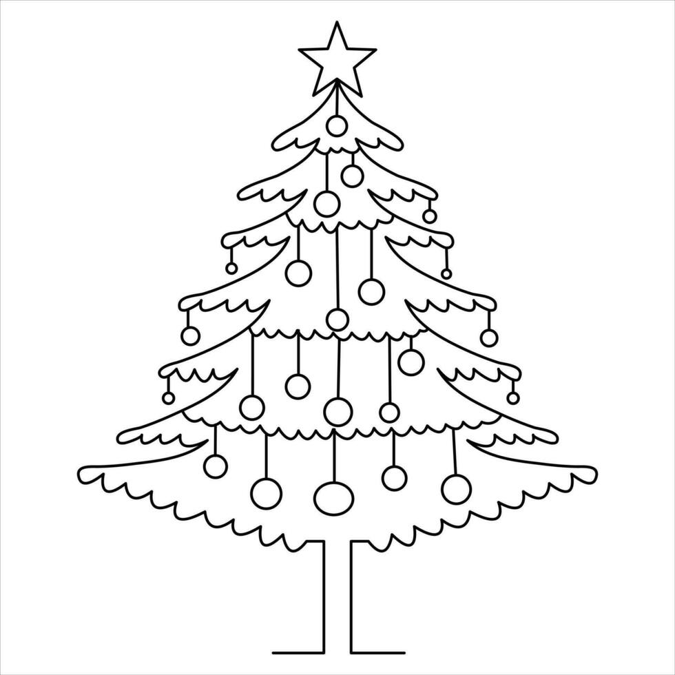 Continuous one line cute christmas tree and star hand drawn outline vector doodle minimalist design