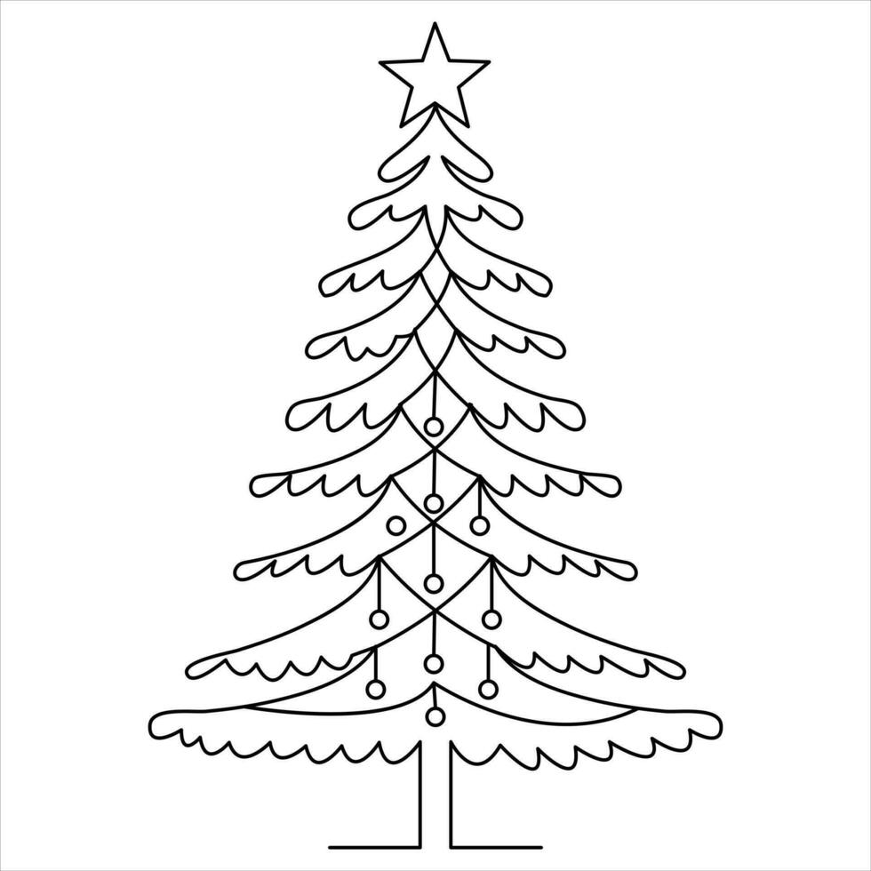 Continuous one line cute christmas tree and star hand drawn outline vector doodle minimalist design