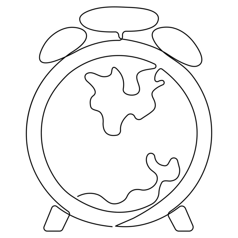 Continuous one line art drawing world earth day clock and lightbulb vector and earth hour icon outline illustration.