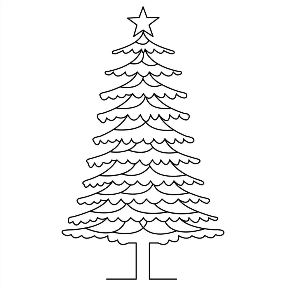 Continuous one line cute christmas tree and star hand drawn outline vector doodle minimalist design
