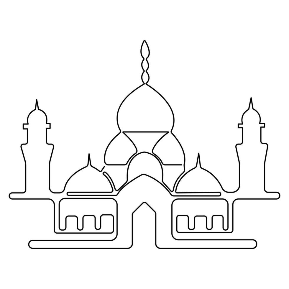 Continuous one line art drawing of masajid islamic ornament sketch outline art vector illustration.