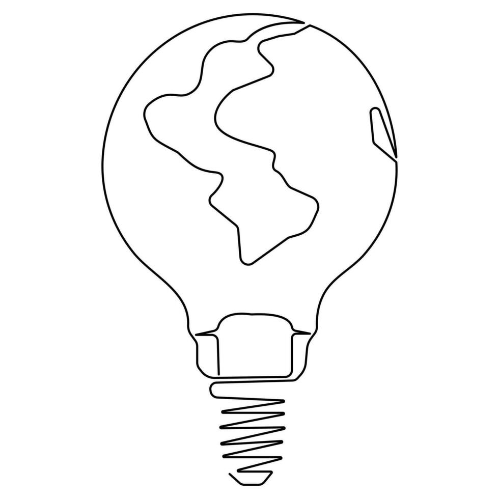 Continuous single line art drawing earth globe inside lightbulb in outline vector concept of eco innovation world earth day