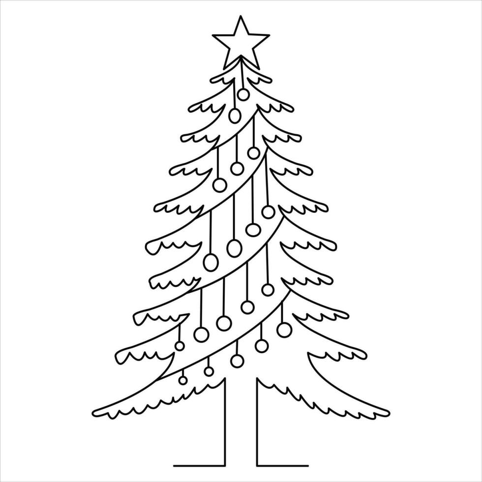 continuo uno línea linda Navidad árbol y estrella mano dibujado contorno vector garabatear minimalista diseño