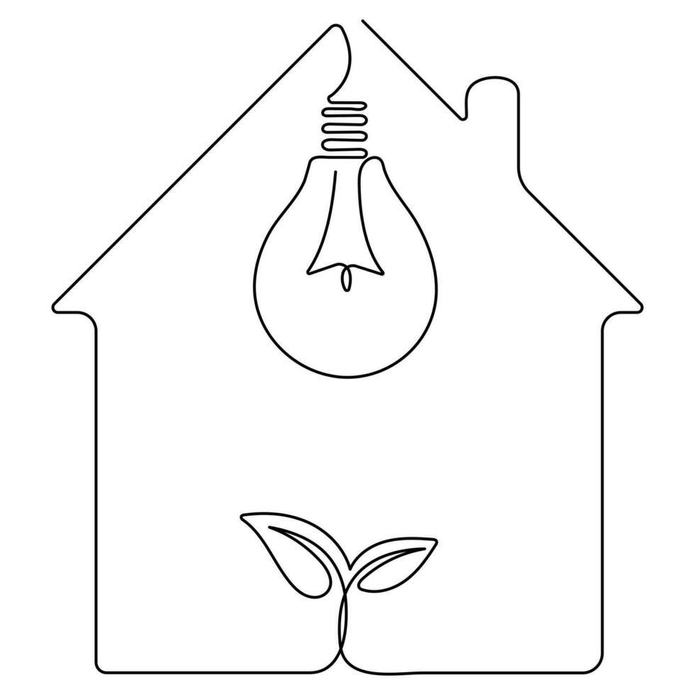 House with plug, plant and lightbulb continuous single line art drawing green energy outline concept vector