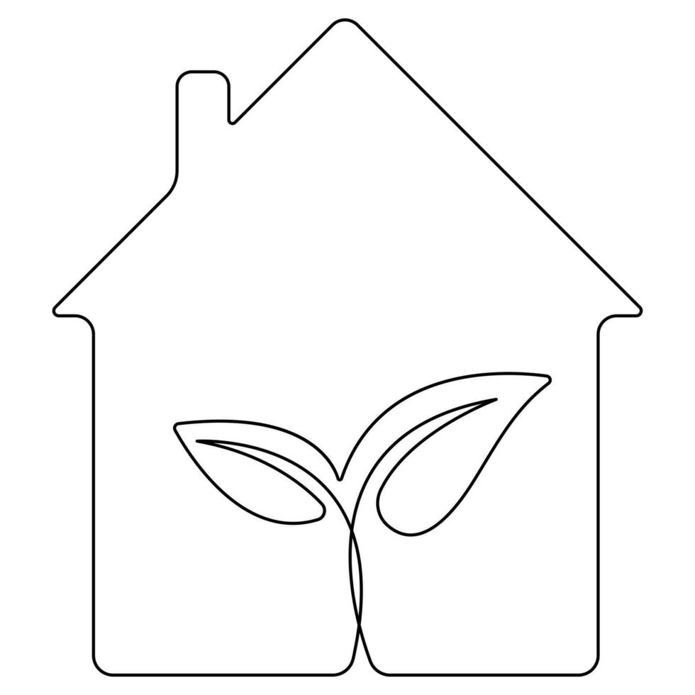 House with plug, plant and lightbulb continuous single line art drawing green energy outline concept vector