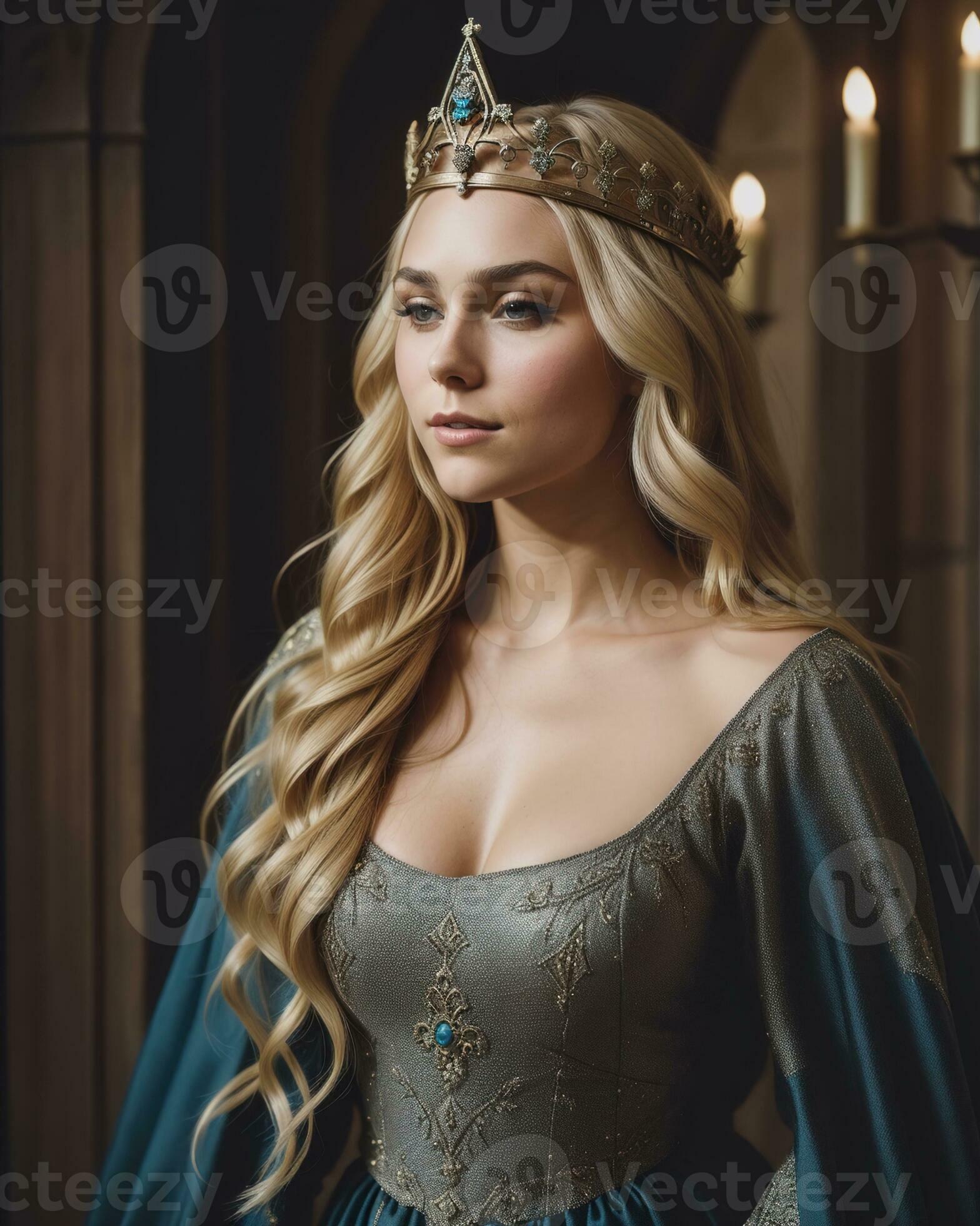 AI generated beautiful women in medieval dresses posing in front of a