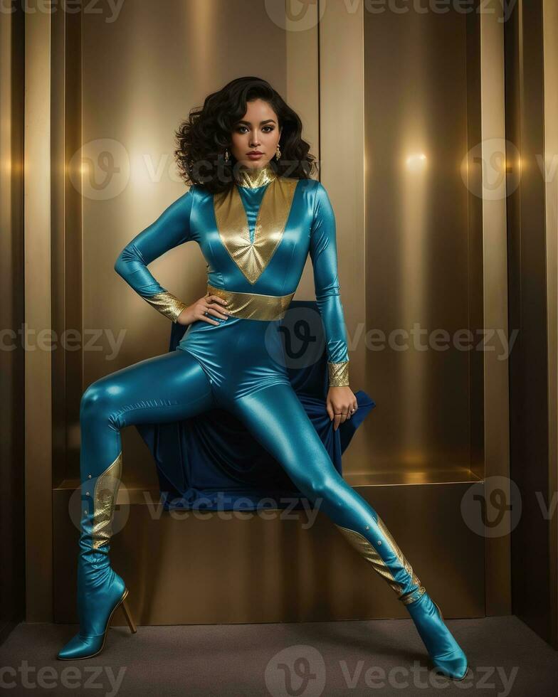AI generated Beautiful young brunette woman in a blue latex suit posing in the studio. ai generative photo
