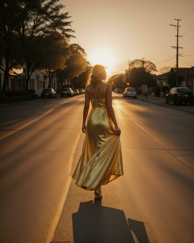 AI generated Beautiful young woman in a long yellow dress walking on the street at sunset. ai generative photo