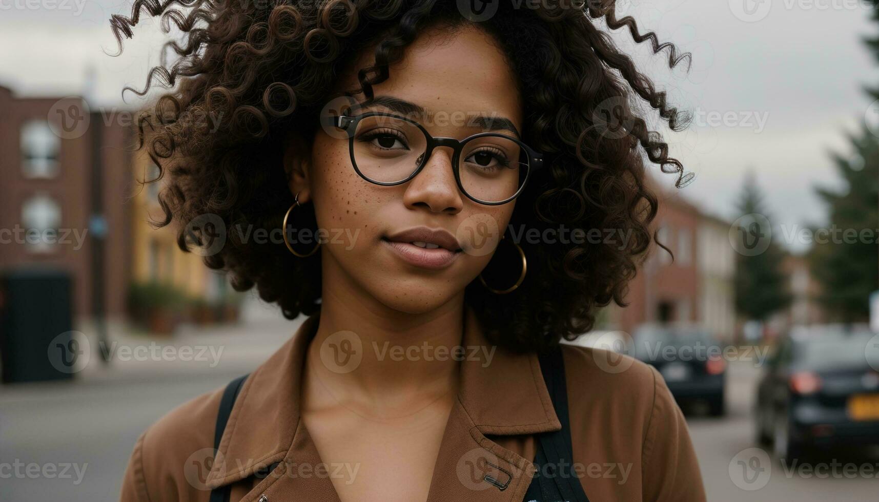 AI generated Portrait of a beautiful young african american woman in eyeglasses outdoors. ai generative photo