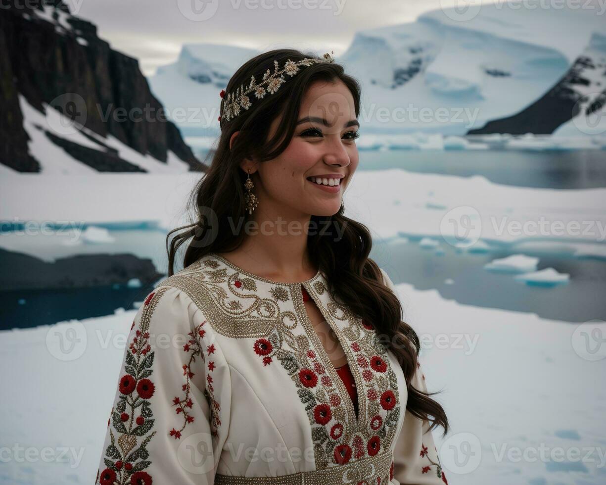 AI generated Portrait of a young woman smiling at camera in front of icebergs. ai generative photo