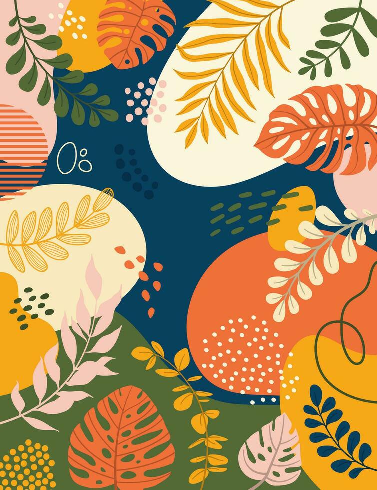 diseño de fondo de marco de banner. ilustración de vector de fondo de cartel colorido. plantas exóticas, ramas, impresión de arte para belleza, moda y productos naturales, bienestar, boda y evento.